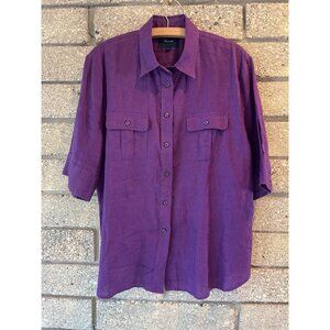 Faconnable Purple Linen Button-Up Shirt Womens Size 14 Relaxed Fit Short Sleeves